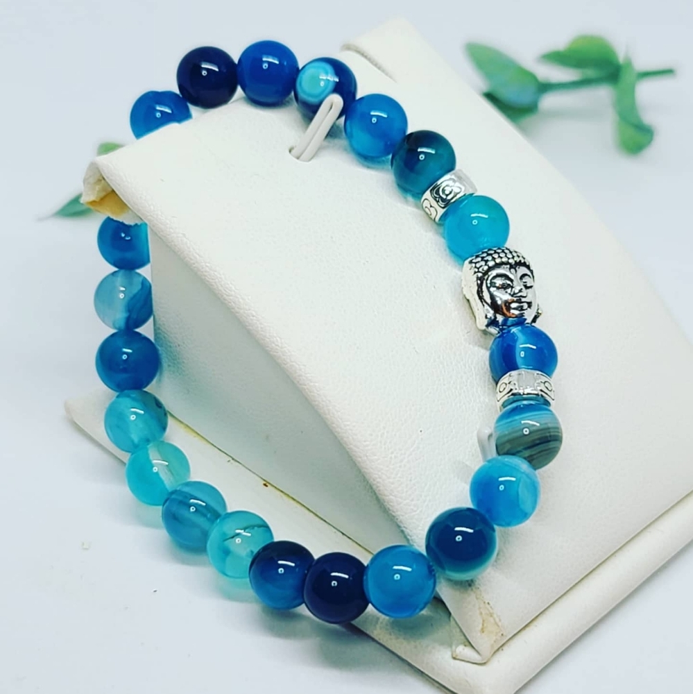 Blue Lace Agate Buddha charm bracelet 8 mm